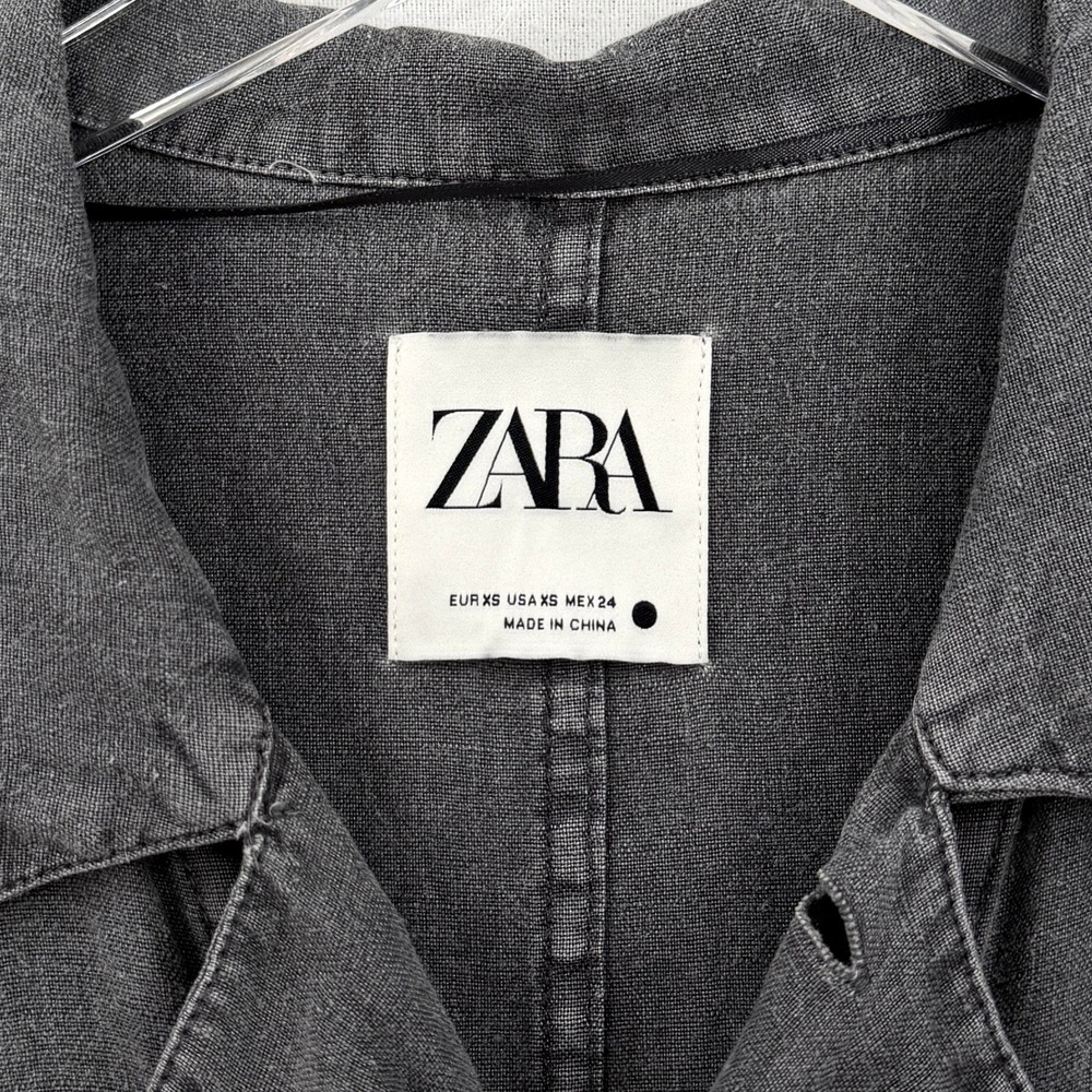 Zara Jumpsuit Women Extra Small Gray Utility 100% Linen Short Sleeve Button Up - Picture 16 of 16
